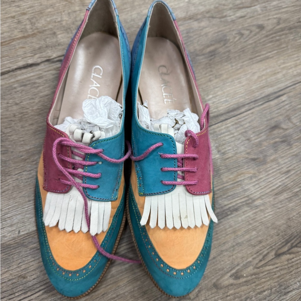 Glacee Blue Pink Flats with Fringe Detail